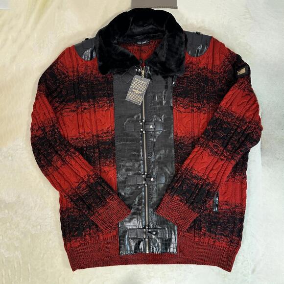 Barabas Full-Zip Mongolian Sweater Red Black Alligator Textured Pleather Gold